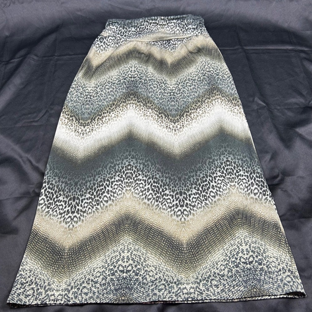 AB Studio Womens Large Animal Print Maxi Skirt Leopard Snakeskin Chevron Grey L